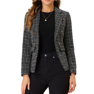 Plaid Long Sleeve Open Front Tweed Blazer Black Sparkly
